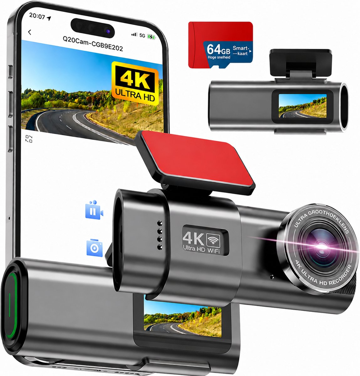 Dashcam Voor Auto – 4K + 1080P Dual Dashcam – Voor- en Achtercamera – WiFi – GPS – Nachtzicht – 170° Groothoek – Parkeermodus – G-Sensor – 64GB SD-kaart Inclusief