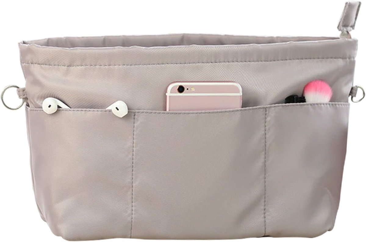 Handtas organizer – Nylon materiaal – Maat XS – Grijs – Tote bag met insteekvakken – Make-up tas - draagbare organizer - opbergtas met binnenvak - 21.5x8x17cm