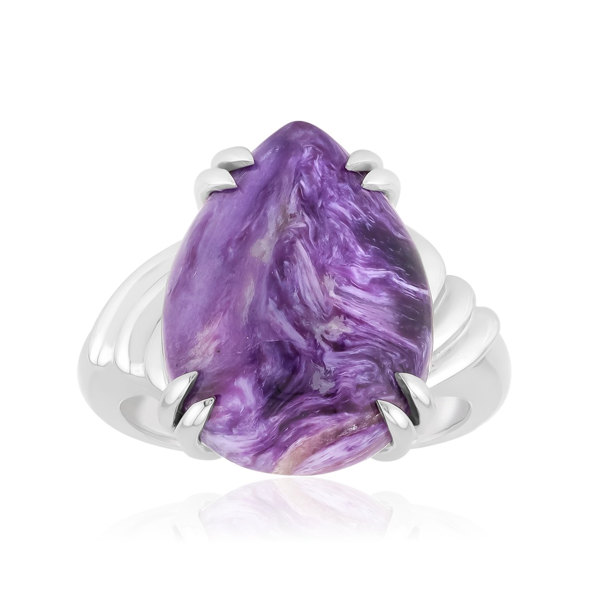 Cavill - 925 Sterling Zilveren Ring - Russische Paarse Charoiet 7,013 ct - Rhodium Verguld - Druppelvormige Cabochon - Moderne Elegantie