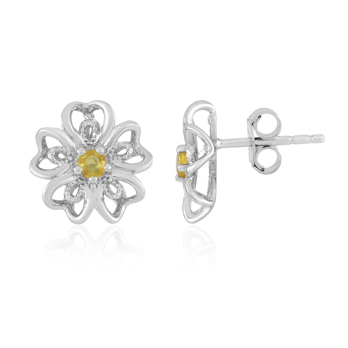 Cavill - Luxe Damesoorbellen 925 Sterling Zilver Geplateerd - Gele Saffier 0,284 ct - Ronde Edelsteen - Filigraan Bloemmotief