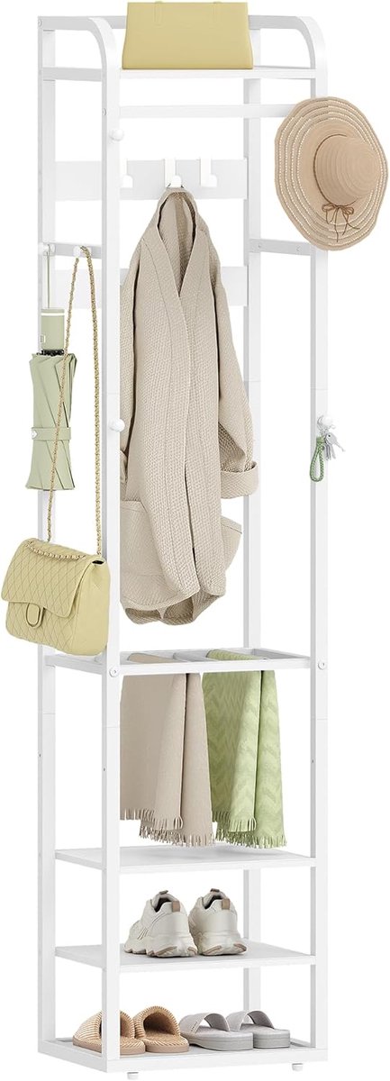 Hzuaneri Kapstok, Kledingrek met 4 Planken en 13 Haken, Opbergrek met Omkeerbare Planken, 30 x 40 x 186 cm, voor Slaapkamer, Woonkamer, Hal, Wit