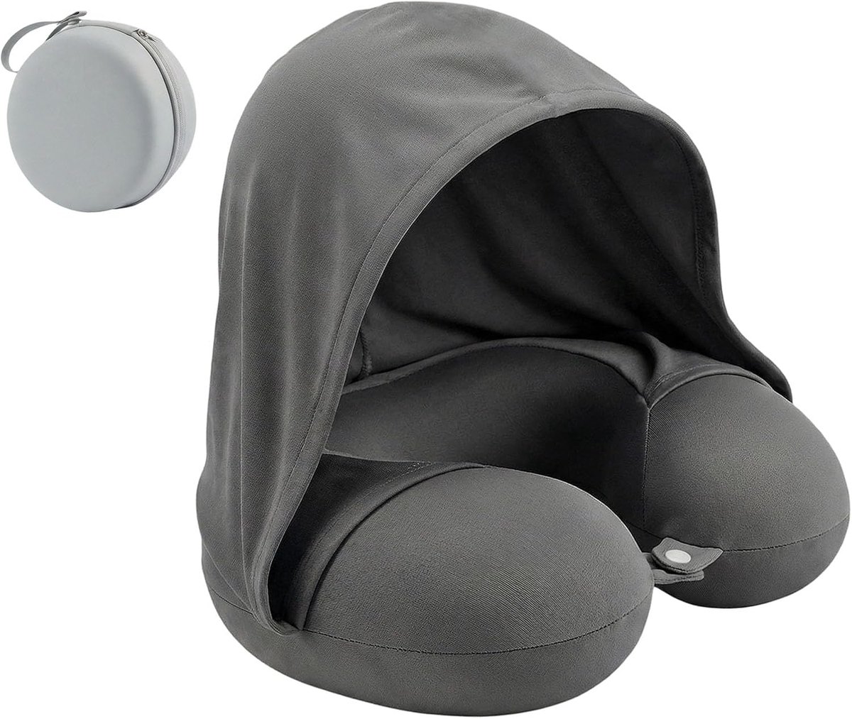 Ulisem - Reisnek kussen - Opvouwbaar reisnekkussen met capuchon - Winddicht en warm - 0.45 kg lichtgewicht - Ademend geheugenschuim - Incl handige opbergtas - Voor vliegtuig en auto - Geschikt voor volwassenen en kinderen - Donkergrijs