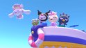 Een groep Sanrio-personages, waaronder Kuromi, Cinnamoroll en Badtz-Maru, staat op een boot met een helderblauwe lucht op de achtergrond.