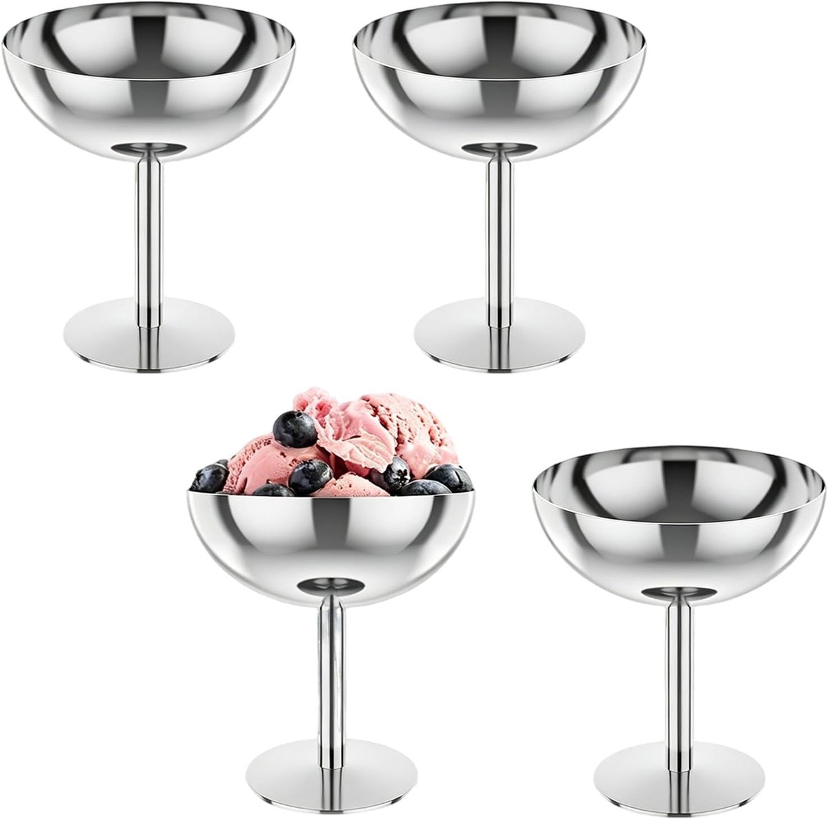 KZQ Set van 4 roestvrijstalen dessertglazen op voet – zilverkleurig, geschikt voor ijs, pudding en fruit
