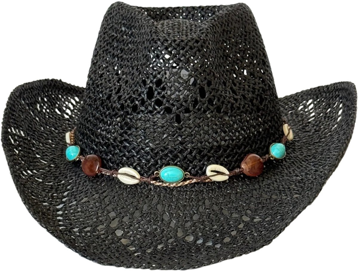 Hoed - Strohoed - Cowboyhoed - Groot - Handgemaakt - Bohemian Stijl - Vintage - voor Strand, Zonbescherming en Vakantie - Zwart