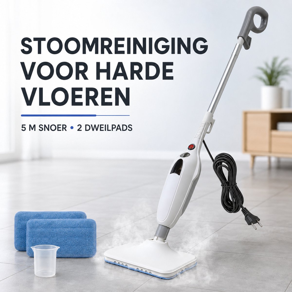 Stoomreiniger voor vloeren - Stoommop en stoomdweil - Elektrische dweil en vloerreiniger met 5 m snoer en 2 dweilpads - Voor harde vloeren, tegels, keuken, badkamer en woonkamer - EU-stekker