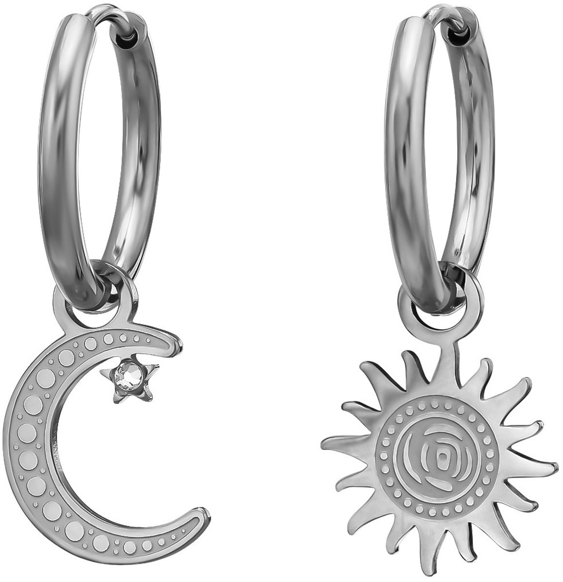 Joy Ibiza - zon maan oorbellen - zon en maan bedel oorringen - 15 mm met klap scharnier sluiting - chirurgisch staal - ear party boho - bohemian style - ip/pvd t89