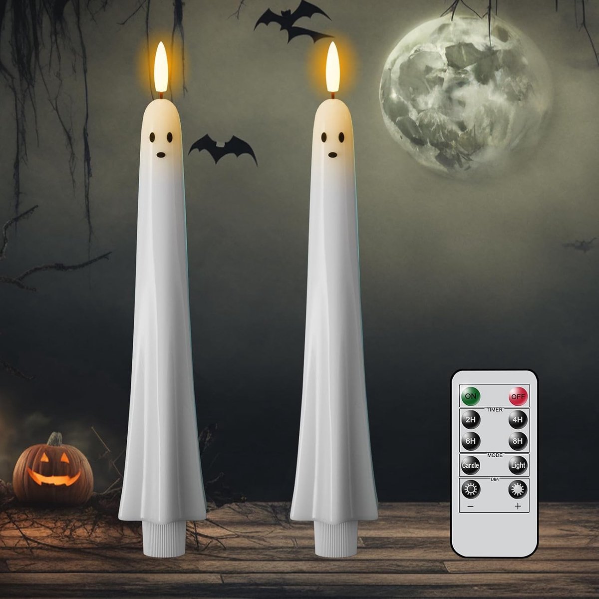 Ulisem - Spookkaars - Lange ledkaars met afstandsbediening en timer - Flikkerend effect met 3D spookontwerp - Batterijgevoede vlambeweging - Zonder rook en geur - Geschikt voor halloween en kerst - Veilig voor kinderen - 2 stuks