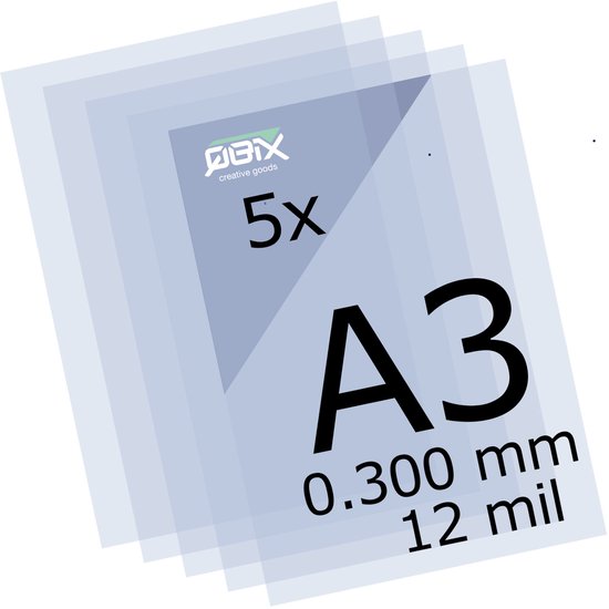 Vijf transparante plastic vellen van QBIX, formaat A3, 0.300 mm dik.