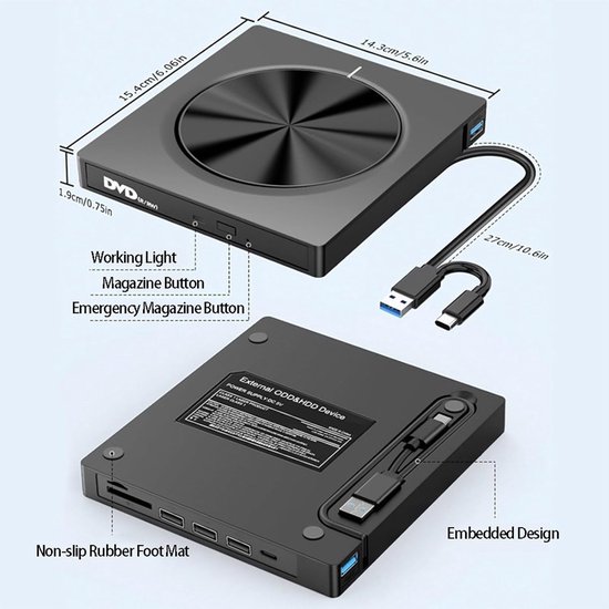 Externe CD DVD Writer - Optische Drive - Bestanden Overzetten - Met 4 USB Hubs - USB 3.0 Type C — afbeelding 3