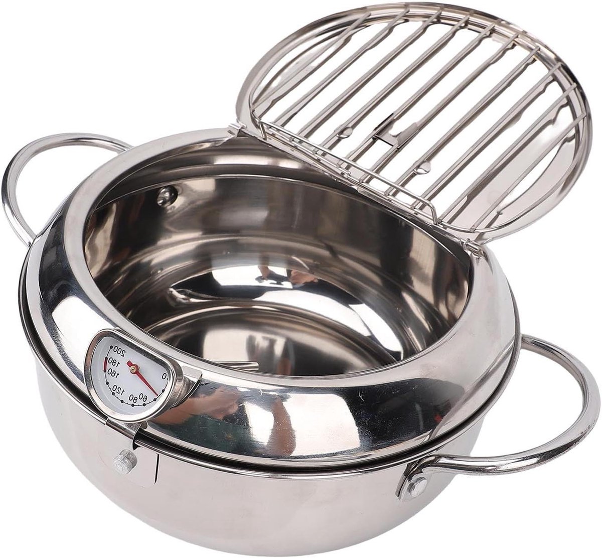 Roestvrijstalen Frituurpan - Japanse pan - Veelzijdig Koken - Met ingebouwde thermometer - 2.2L capaciteit - Zilver