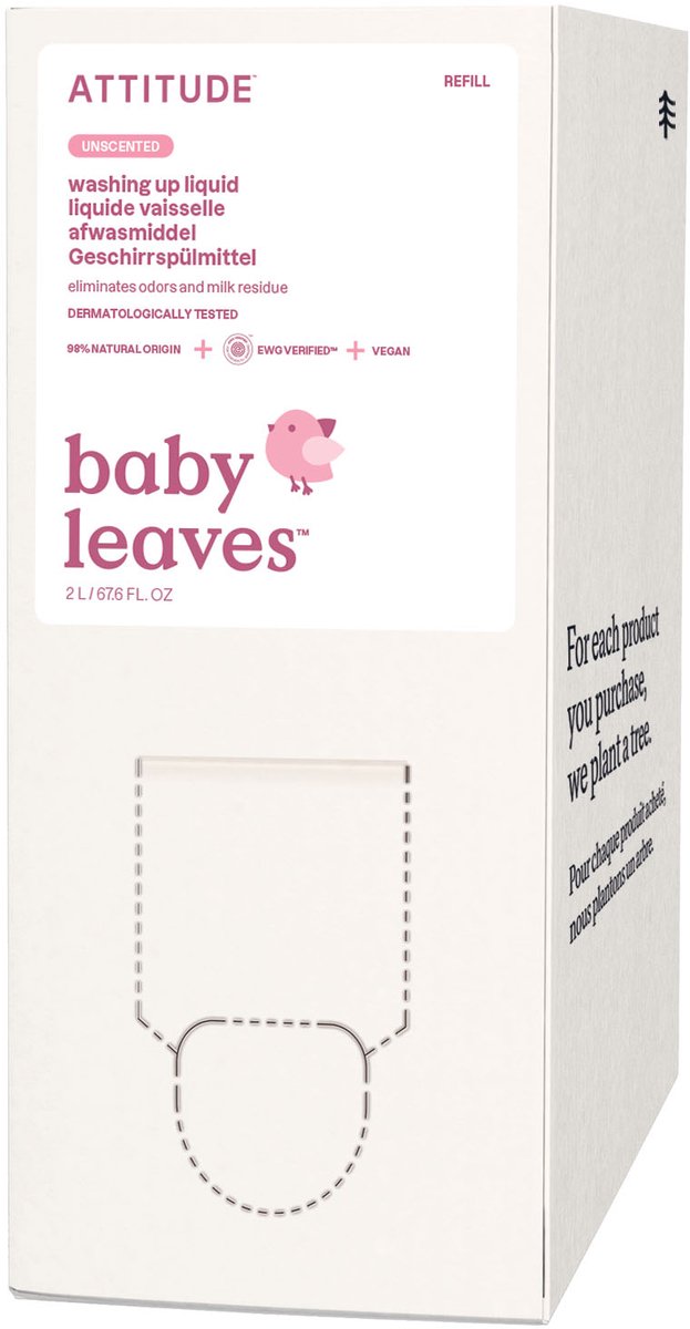 ATTITUDE - Baby Leaves Washing up liquid Unscented (navulling 4x)