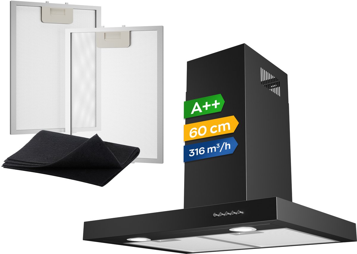 Heinrich’s HDU 7629 SW 60cm Afzuigkap Zwart - inclusief set koolstoffilters – 330m3 - energieklasse A++