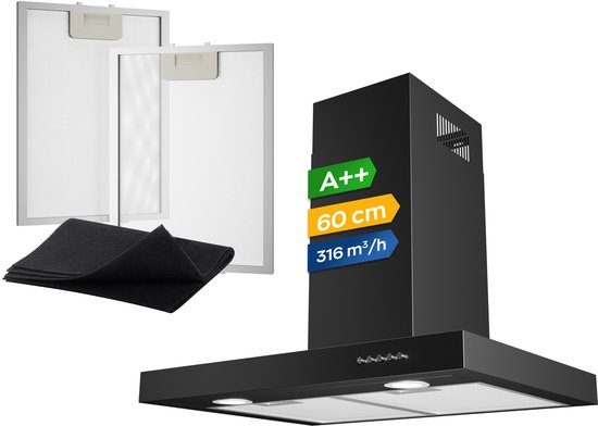 Zwarte afzuigkap van 60 cm met A++ energielabel, twee filters en koolstoffilters.