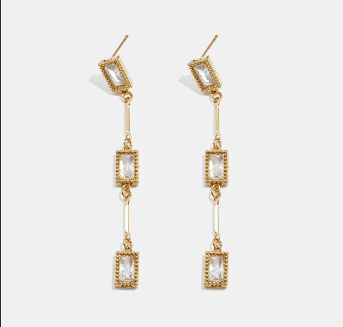 Lange Hang Oorbellen - Roestvrij Staal (RVS) - Met Rechthoekige Baguette Kristalsteentjes - Drop Earrings - Sieraden Cadeau Vrouw