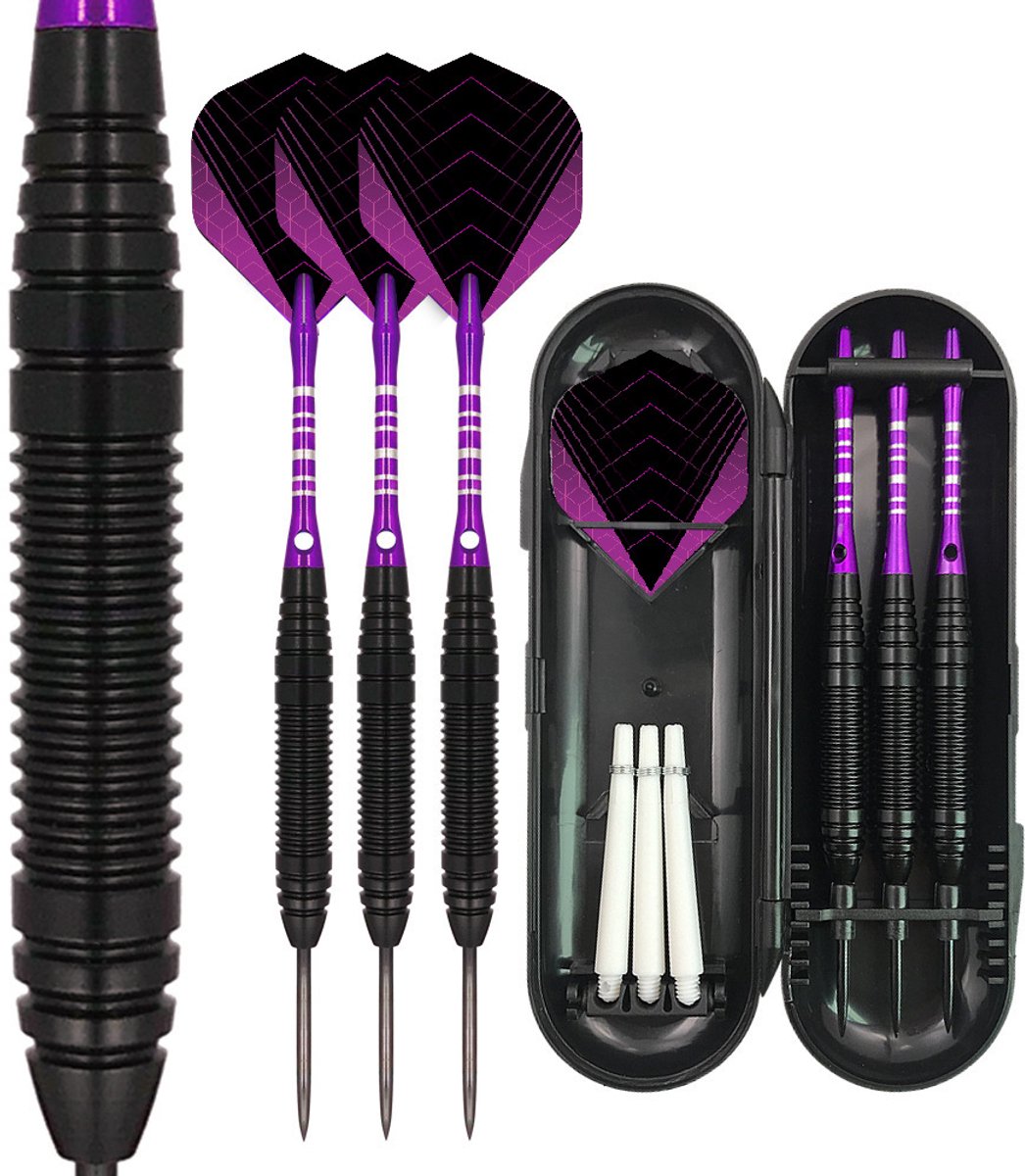 RAMBUX® Dartpijlen set - 23 gram - 3 hardtip darts - Steeltip dartpijlen - Metalen barrel met grip - Met dart case & opbergdoos - Reserve flights en shafts - Voor sisal dartbord - Paars