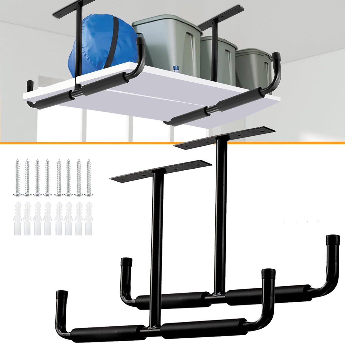Opberghaak Voor Bovenin De Garage - Robuuste Plafondhanger - Antislip Zwarte Plafondopbergrek Voor Garage