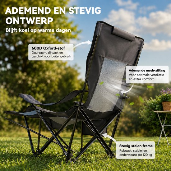 Sello! opvouwbare campingstoelen met voetensteun - verstelbaar - hoofdsteun - bekerhouder - draagtas - set van 2 - antraciet/zwart — afbeelding 3
