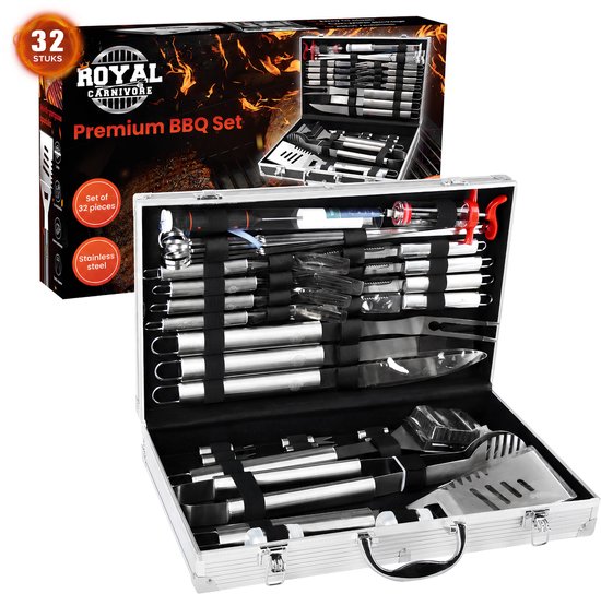 Zilverkleurige metalen koffer met 32-delige RVS BBQ-set, inclusief tangen, spatels en spiesjes.