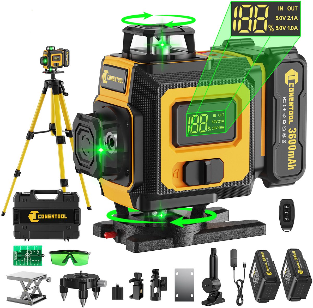 CONENTOOL 16 lijnen 360° groene kruislijnlaser met statief - 2x 3600mAh accu