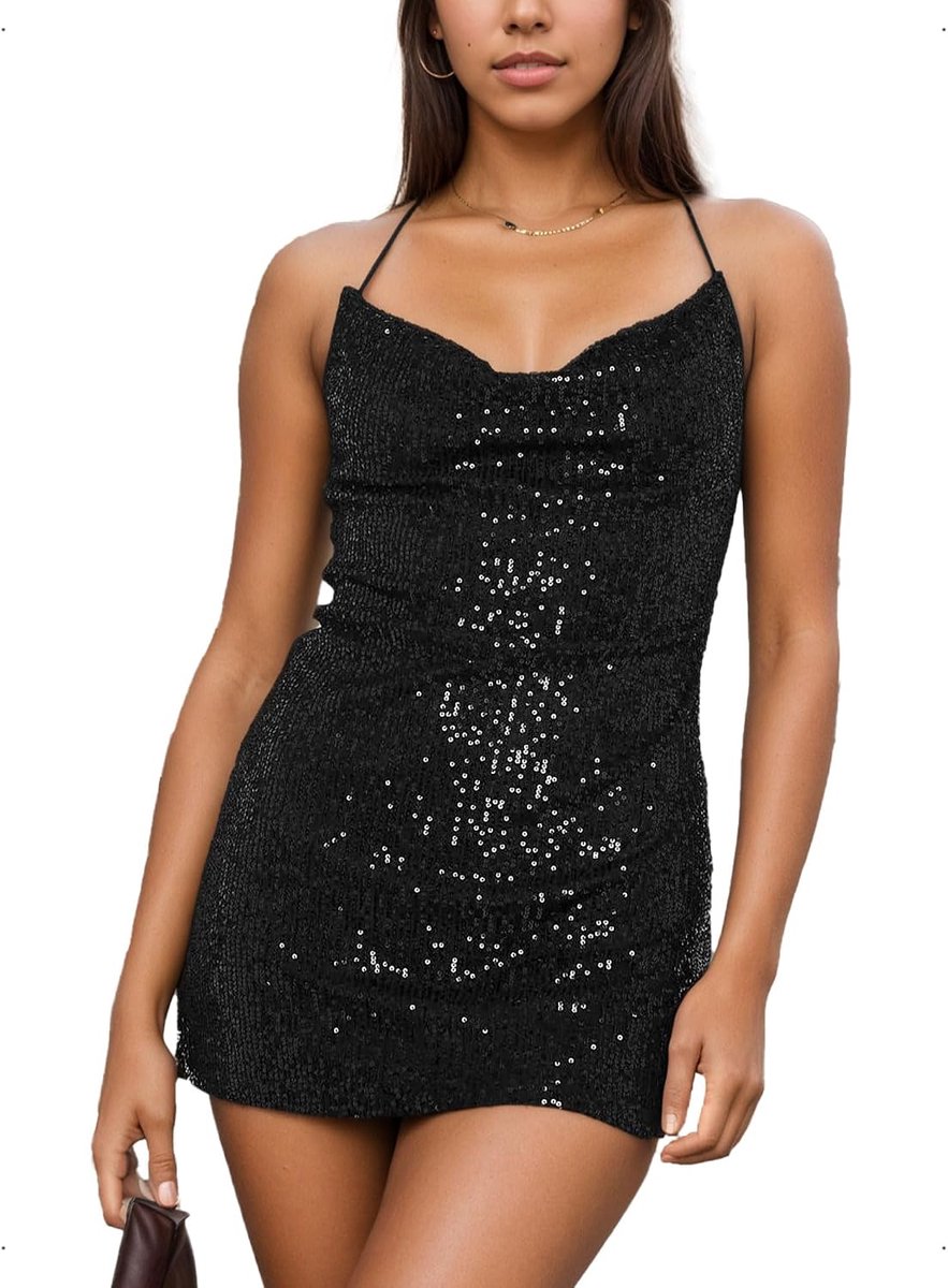 Paillettenjurk Dames Zwart Rugloos Spaghettibandjes Kort Mini Feest Club Zomer Elegant Glinsterend Bodycon Feestelijk Moeder Dochter Maat M