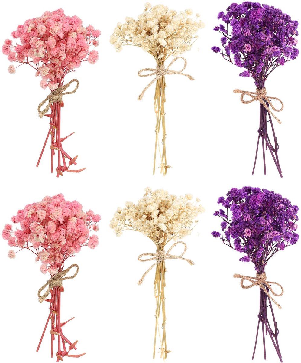 Gedroogde bloemen, 6 stuks, natuurlijke gypsophila met steel, decoratie, boho, bloemenplant voor knutselen, doe-het-zelf, fotoaccessoires, huwelijkscadeau, roze/paars/roze wit
