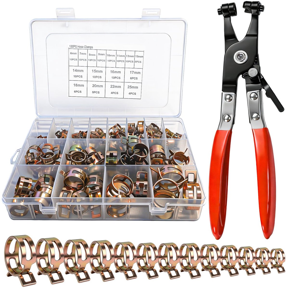Slangklemmen, set van 130 stuks, 6-25 mm, 16 maten assortiment met slangklemtang, brandstofleiding, slangklem, roestvrijstalen sluiting, veerbandtype voor auto, tuin, huishouden en werkplaats