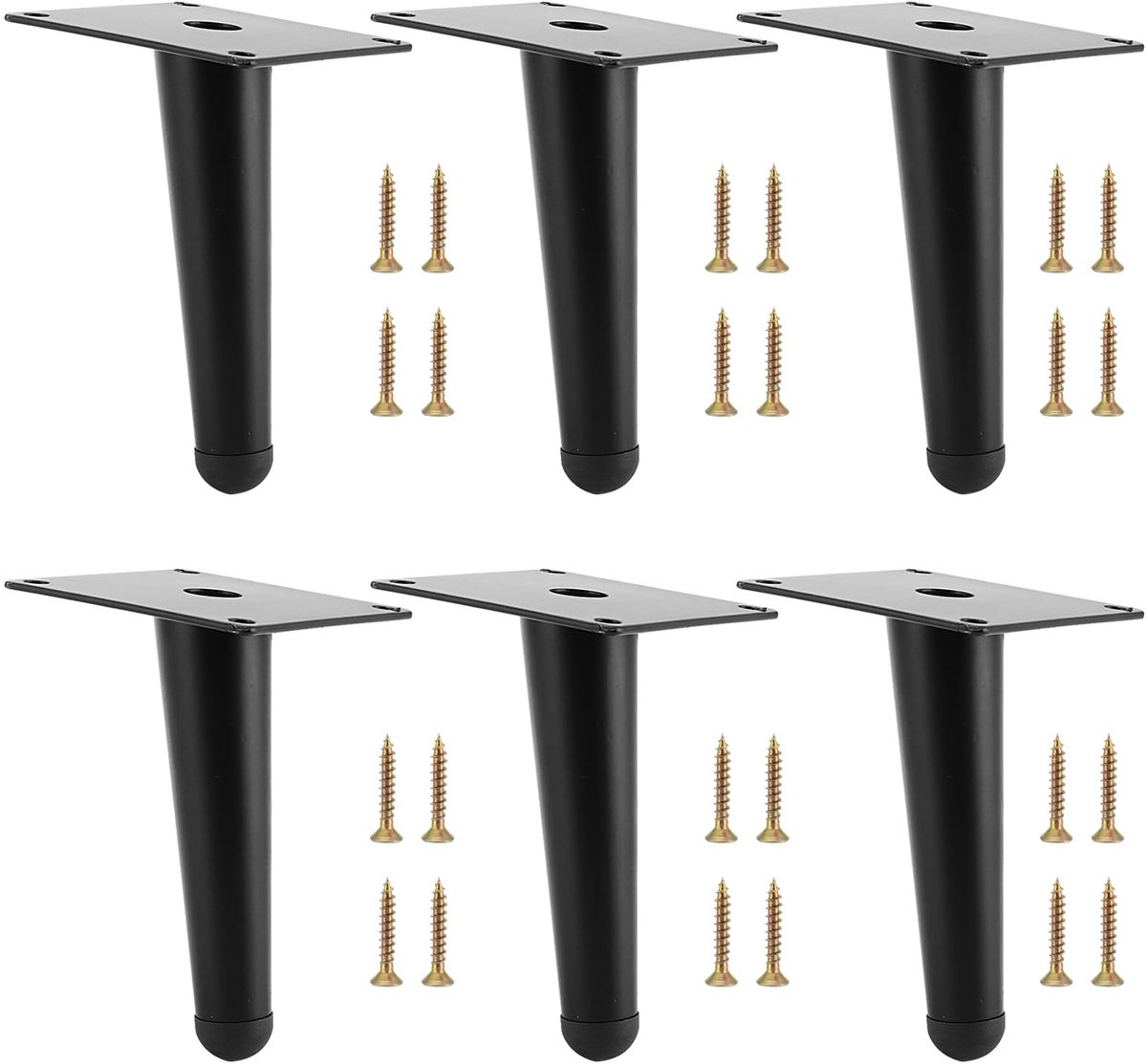 Set van 6 schuine meubelpoten, 12 cm, zwart, kegelvormige meubelpoten, meubelpoten met schroeven, metalen tafelpoten, kastpoten, bankpoten, voor meubels, bank, tafel, stoel, doe-het-zelf kast