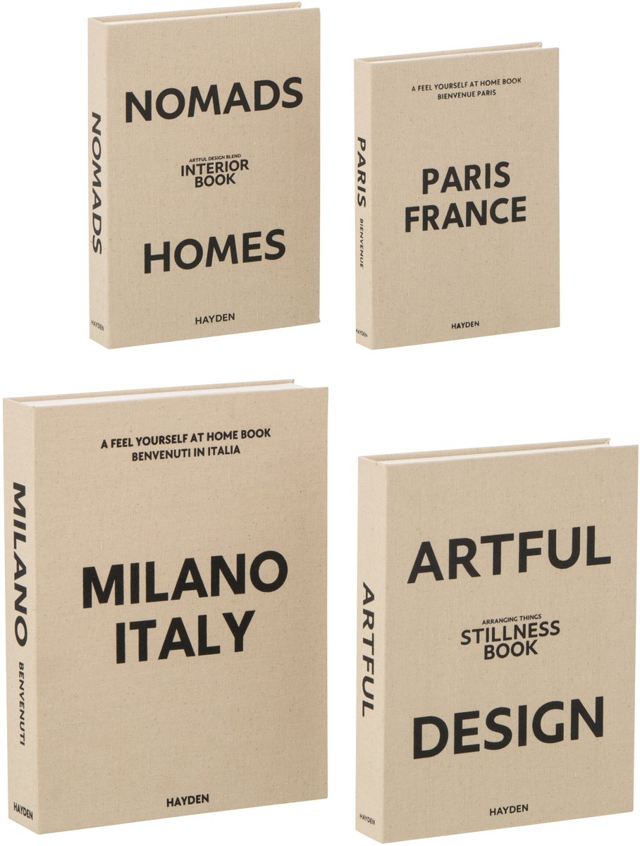 J-Line Boekendozen - stof - ecru/zwart - set van 4