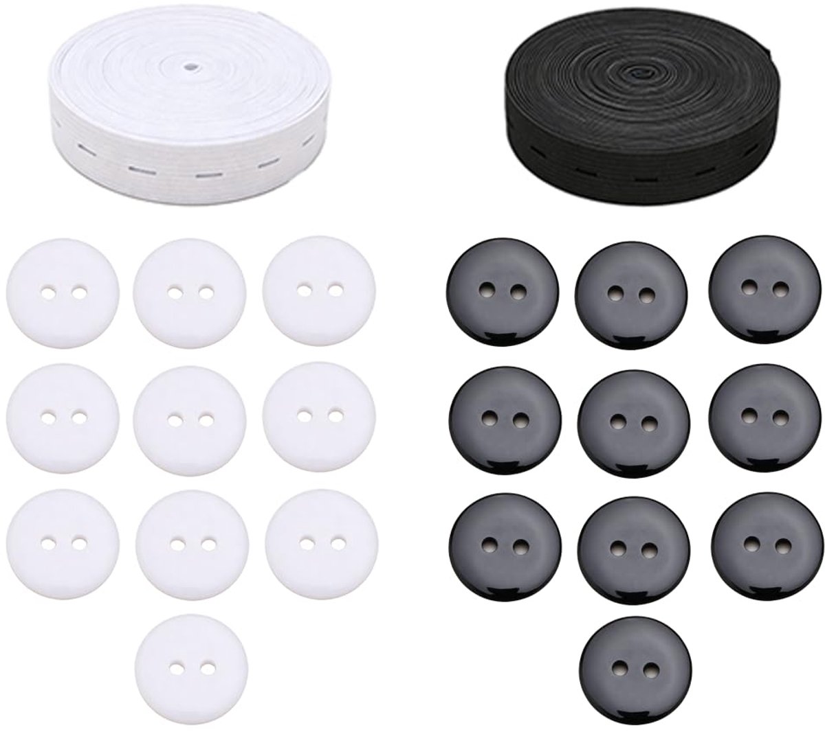 Elastieken naaiset, 14 m, elastiek met knoopsgaten, 2 cm breed, met 20 knopen, elastisch broekelastiek, wit en zwart, voor broekverkleining en zwangerschapsmode, verstelbare set voor doe-het-zelf