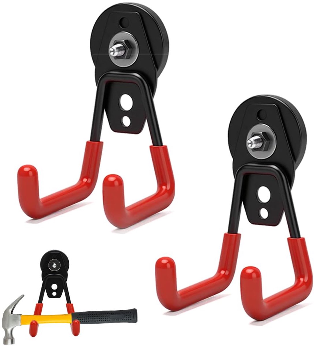 Magneethaken, extra sterk, 66 mm, 2 stuks, magnetische haken, antislipcoating, sterke magneten met haken, heavy duty, robuuste grote magneet, garagehaken, dubbele haken voor het ophangen van