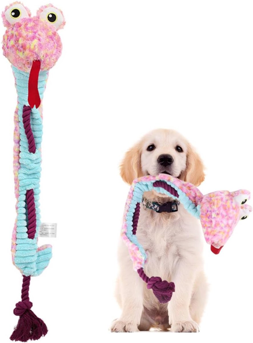 Piepend hondenspeelgoed, krokodillenvormig hondenspeelgoed om te trekken met piepen en 49 cm lang katoenen touw, interactief hondenspeelgoed voor kleine, middelgrote en grote honden (roze)