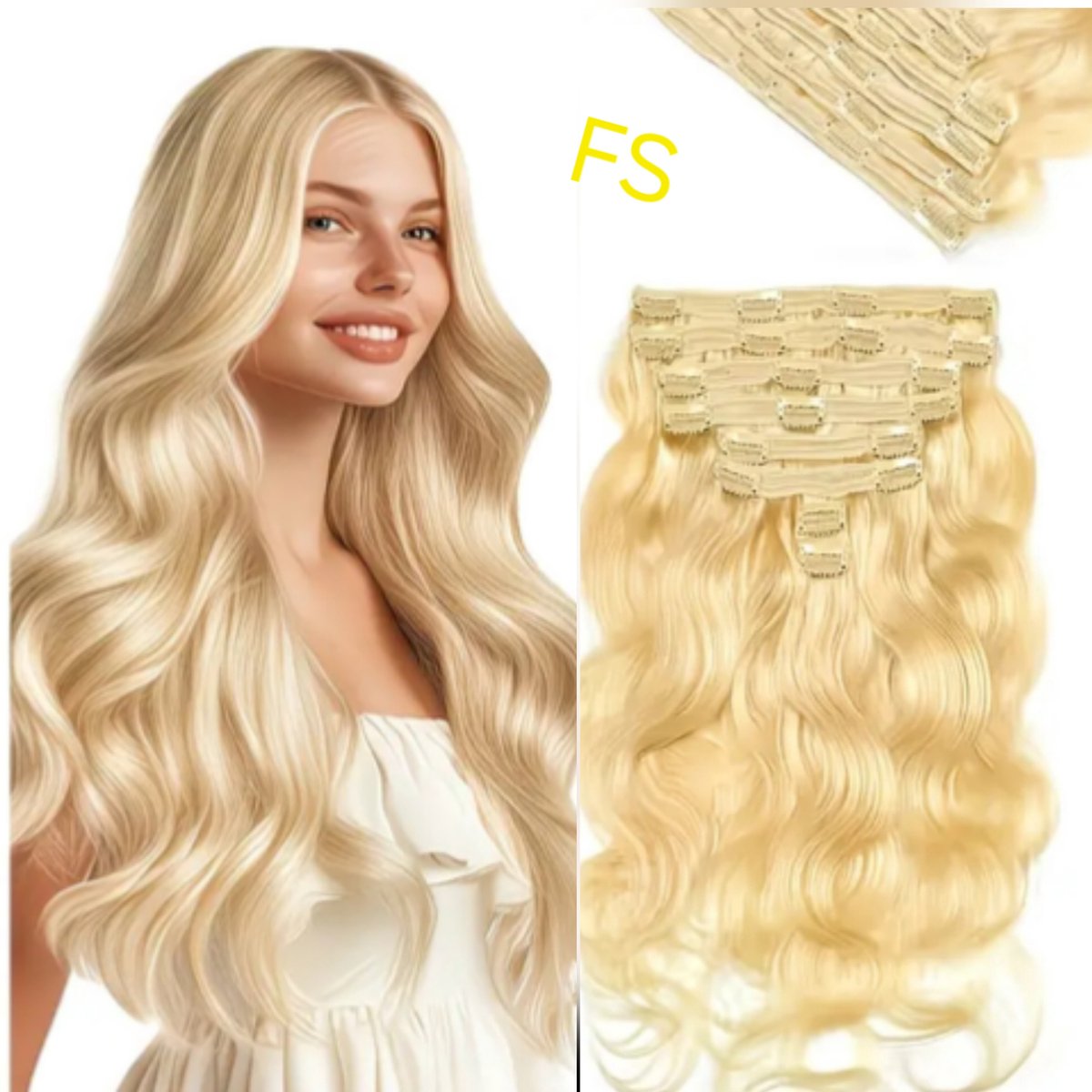 Frazimashop- Clip-in Haar Extensions – Braziliaans Mensenhaar – Golvend haar – Kleur 613 Goudblond – 50 cm – 115 g – 7-delige Set-