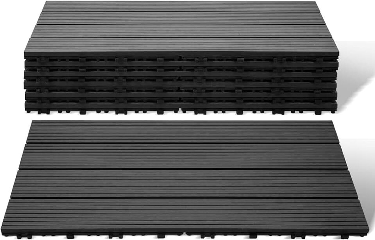 Terrastegels, 30 x 60 cm, WPC tegels set van 12 voor 2 m² houtlook, kunststof kliktegels, balkontegels met drainage, waterdicht en antislip, antraciet