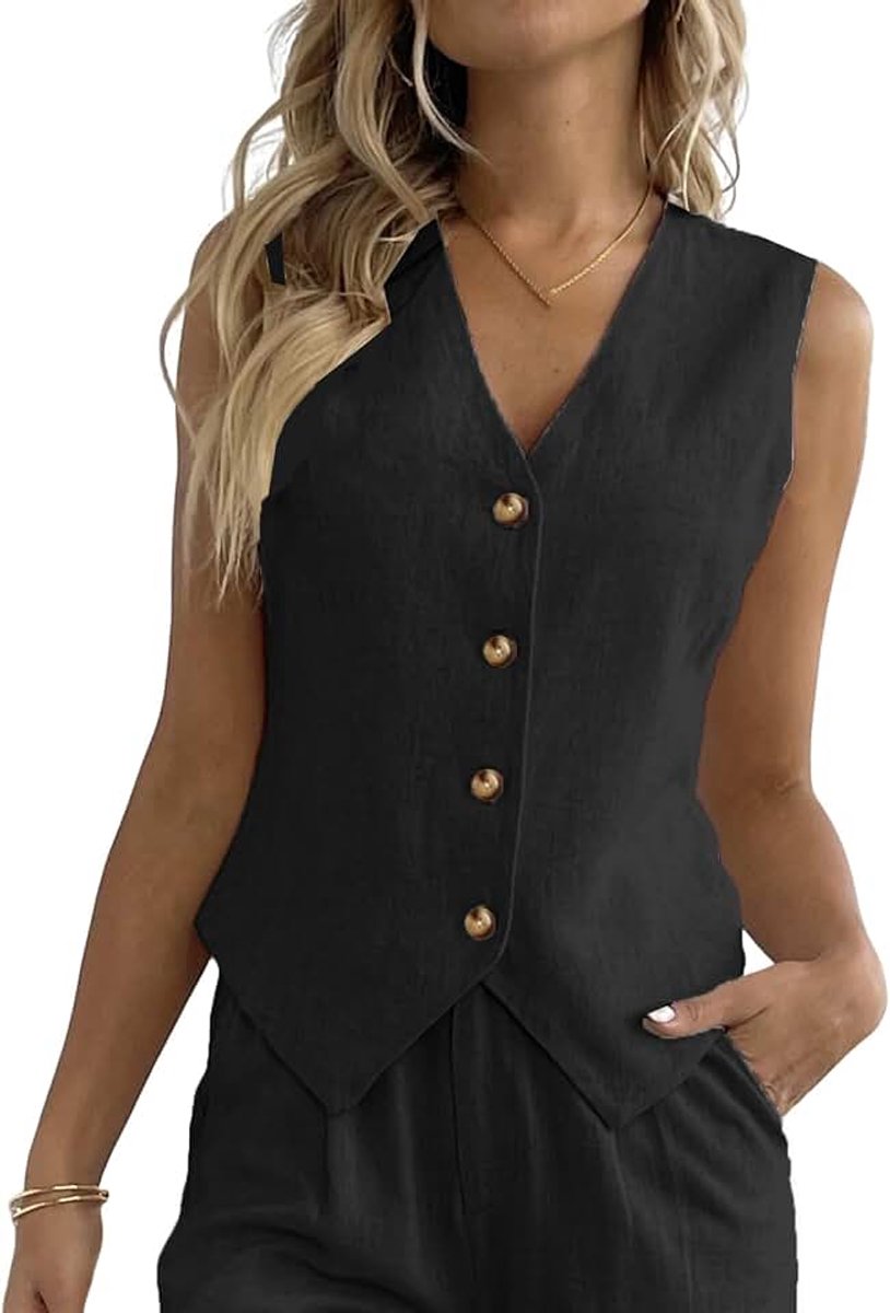 Vest voor dames, V-hals, knoopsluiting, zakelijk, werk, vakantie, mouwloos, blazer, gilet