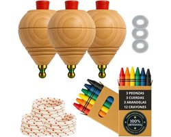 Tol voor kinderen, set met 3 trompo's + 12 waskleurpotloden + 3 sluitringen | Met ronde punt, handgemaakt in Spanje.