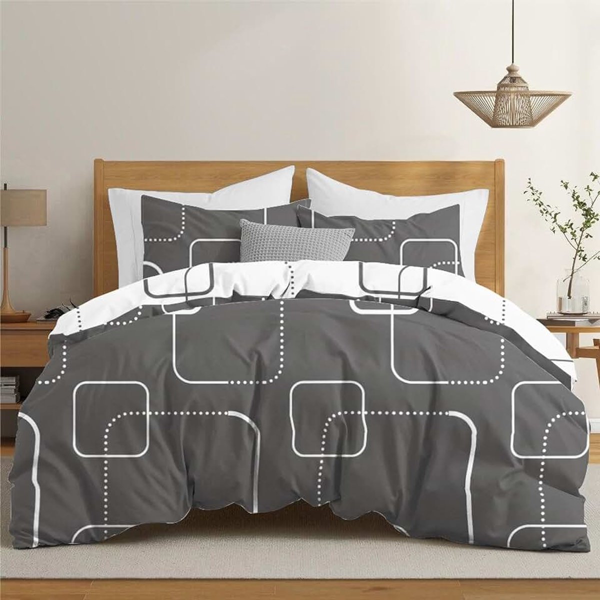 Dekbedovertrek 200x200 cm met 2 kussenslopen 65x65 cm, grijs wit geopatroon, 200x200 beddenset met ritssluiting, tweepersoonsbedlinnen, Oeko TEX
