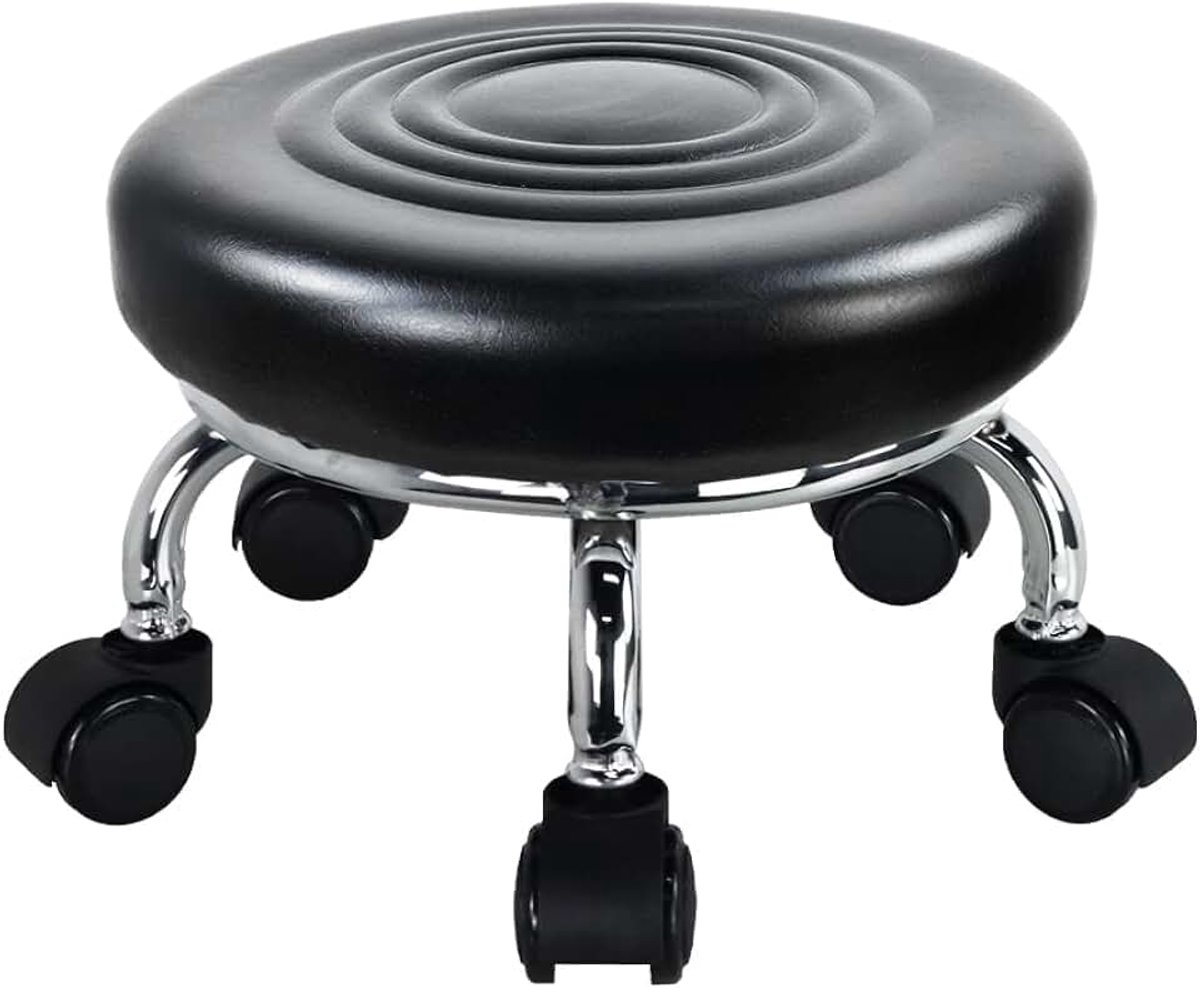 Moderne rolstoel PU lederen lage ronde rolkruk 360 draaibare kleine kruk met universele zwenkwielen voor thuiskantoor, garage, winkel, fitness, sport (H: 8,4 'zwart)