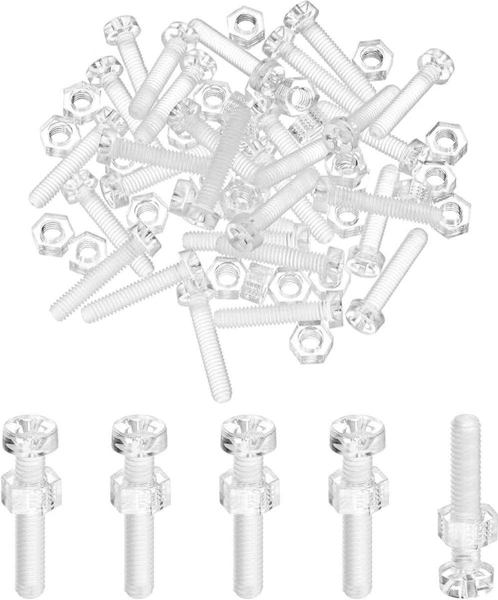 Set van 30 transparante schroeven en zeskantmoeren, M4 x 20 mm, acryl kunststof, kruiskop, ronde kopschroeven, voor machineaccessoires