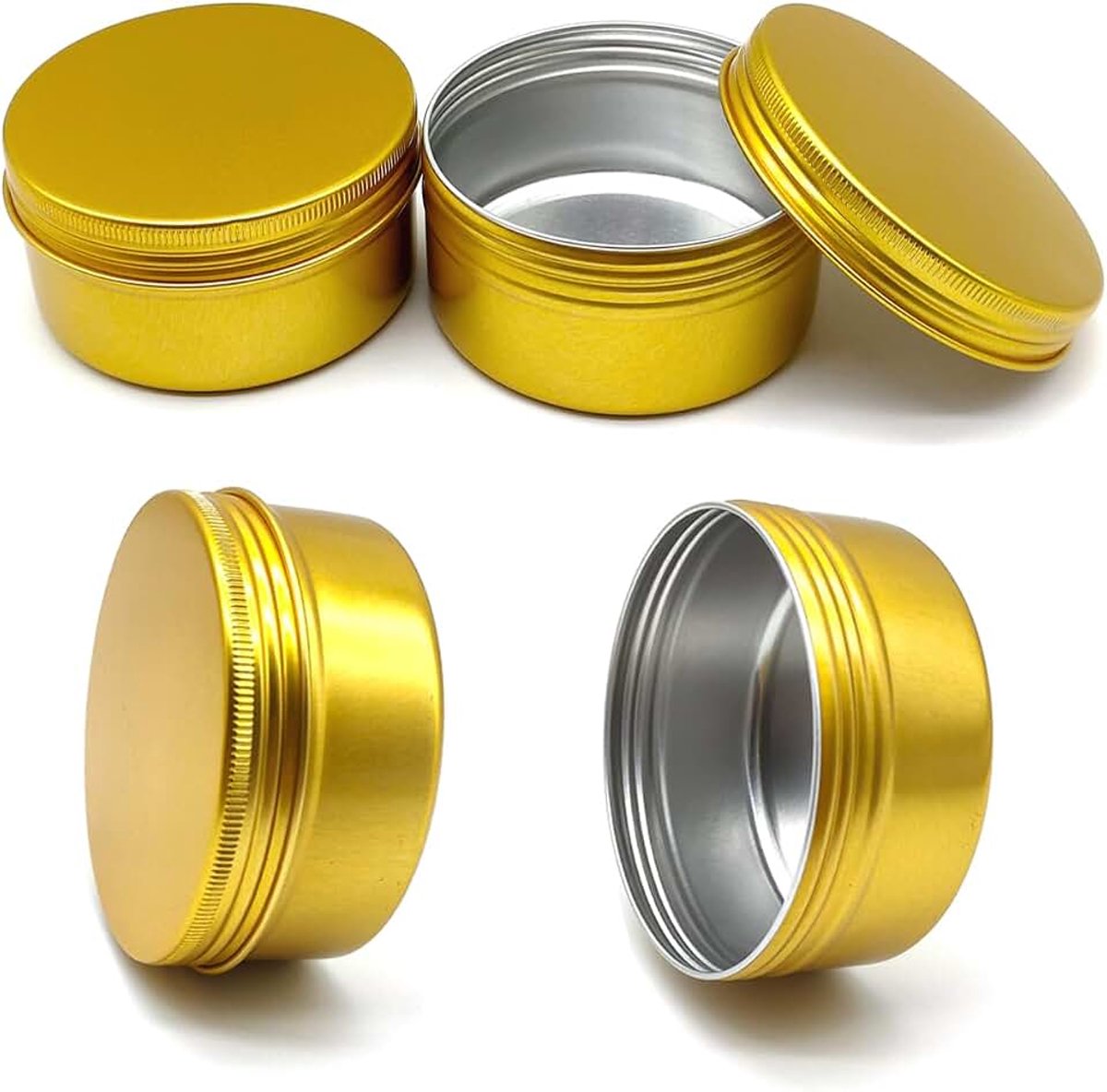 4 stuks 250 ml ronde lippenbalsem blikjes, 250 gram aluminium blikken gouden cosmetische monstercontainers met schroefdeksel, 250 g metalen lege opslag reispotten voor zalven, lippenbalsems
