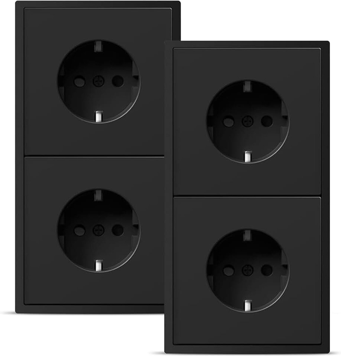 Schuko Dubbel inbouwstopcontact, 16 ampère, met pc-frame, dubbel stopcontact met klauwen, 2-voudig, zwart, 2 stuks