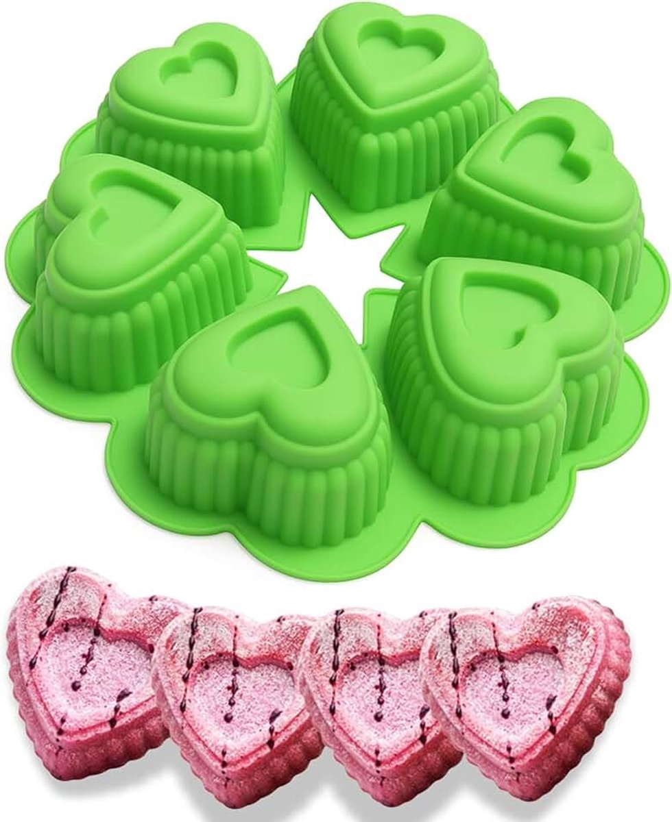 Hartvormige siliconen mal met 6 holtes – antiaanbaklaag, herbruikbaar, hittebestendig – voor cakes, muffins, chocolaatjes, zeep – 25 x 25 x 5 cm
