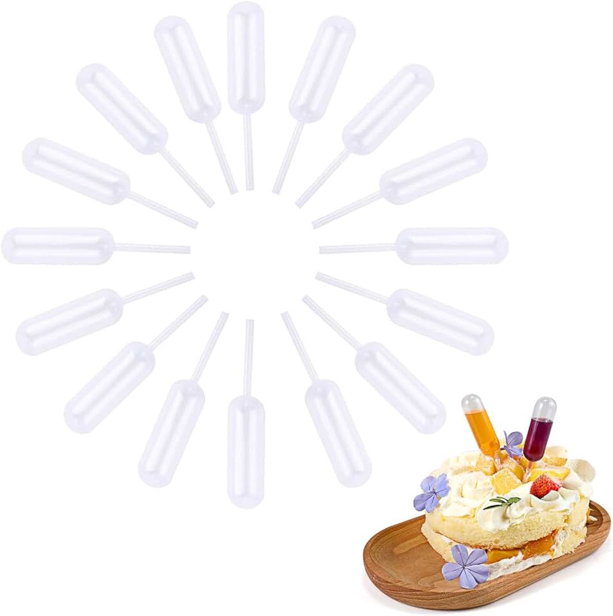 Druppelpipetten, transferpipetten, vloeistof druppels voor jam, strooizout voor het bereiden en decoreren van cupcakes en wafels