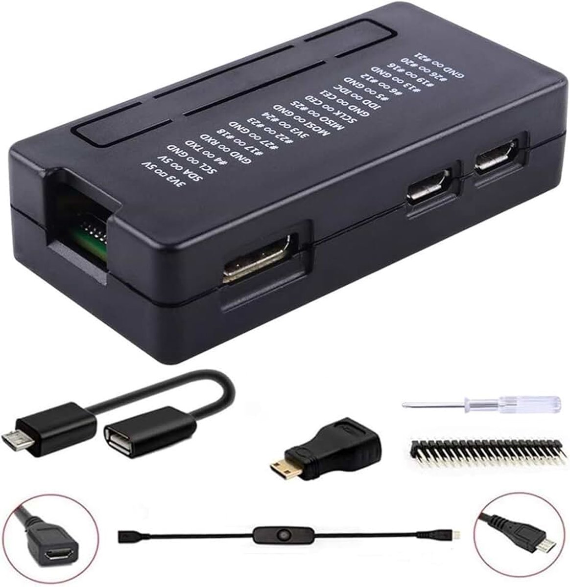 Raspberry Pi Zero 2 W/Zero W behuizing, 7-in-1 basis starterkit met acryl Raspberry Pi Zero behuizing, 20-polige GPIO header, OTG-kabel, schakelkabel, HDMI-adapter, koellichaam (zwart)