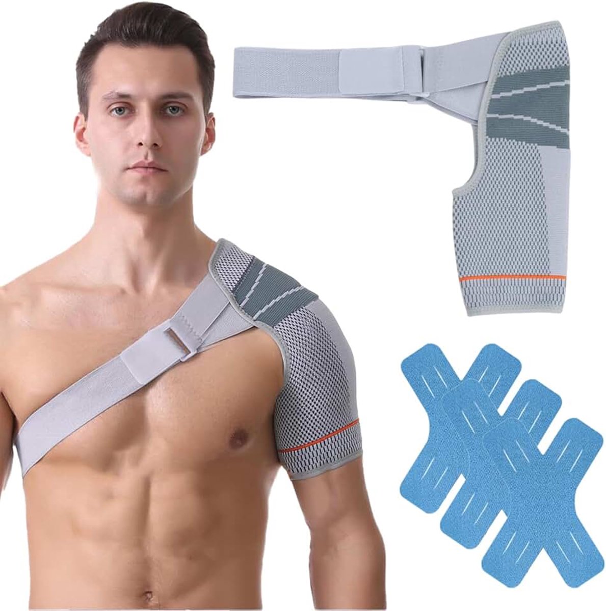 Schouderbrace voor vrouwen, schoudersteun, grijs, schouderbandage heren, verstelbaar, zacht, flexibel, ademend, comfortabel voor dagelijks gebruik, uniseks, met 3 kniebanden, voorgesneden knie