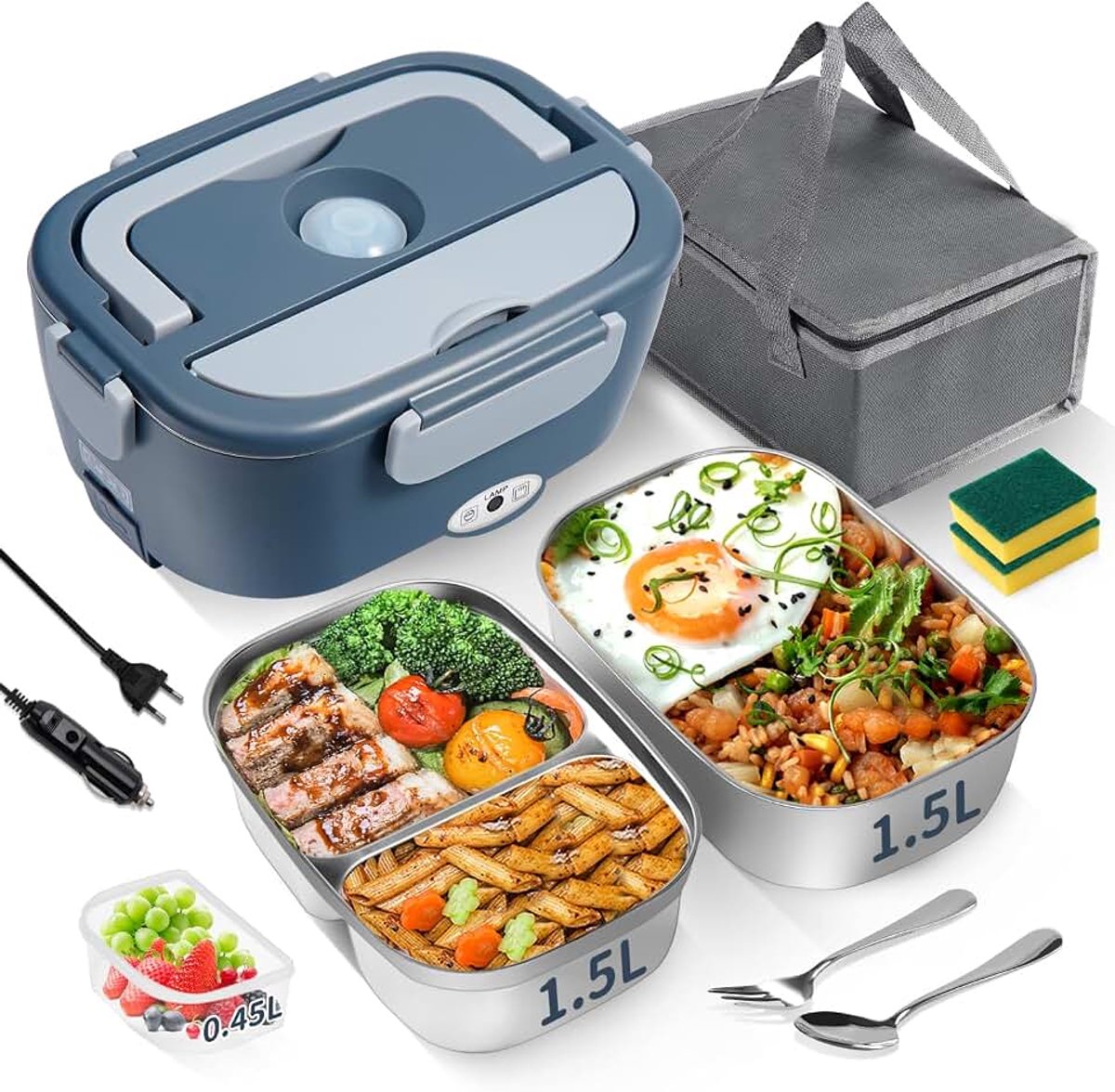 Lunchbox, 100 W, roestvrij staal, lunchbox met uitneembare dubbele container voor auto, vrachtwagen, kantoor, 12 V/24 V/230 V, warmtebox, elektrisch (grijs)