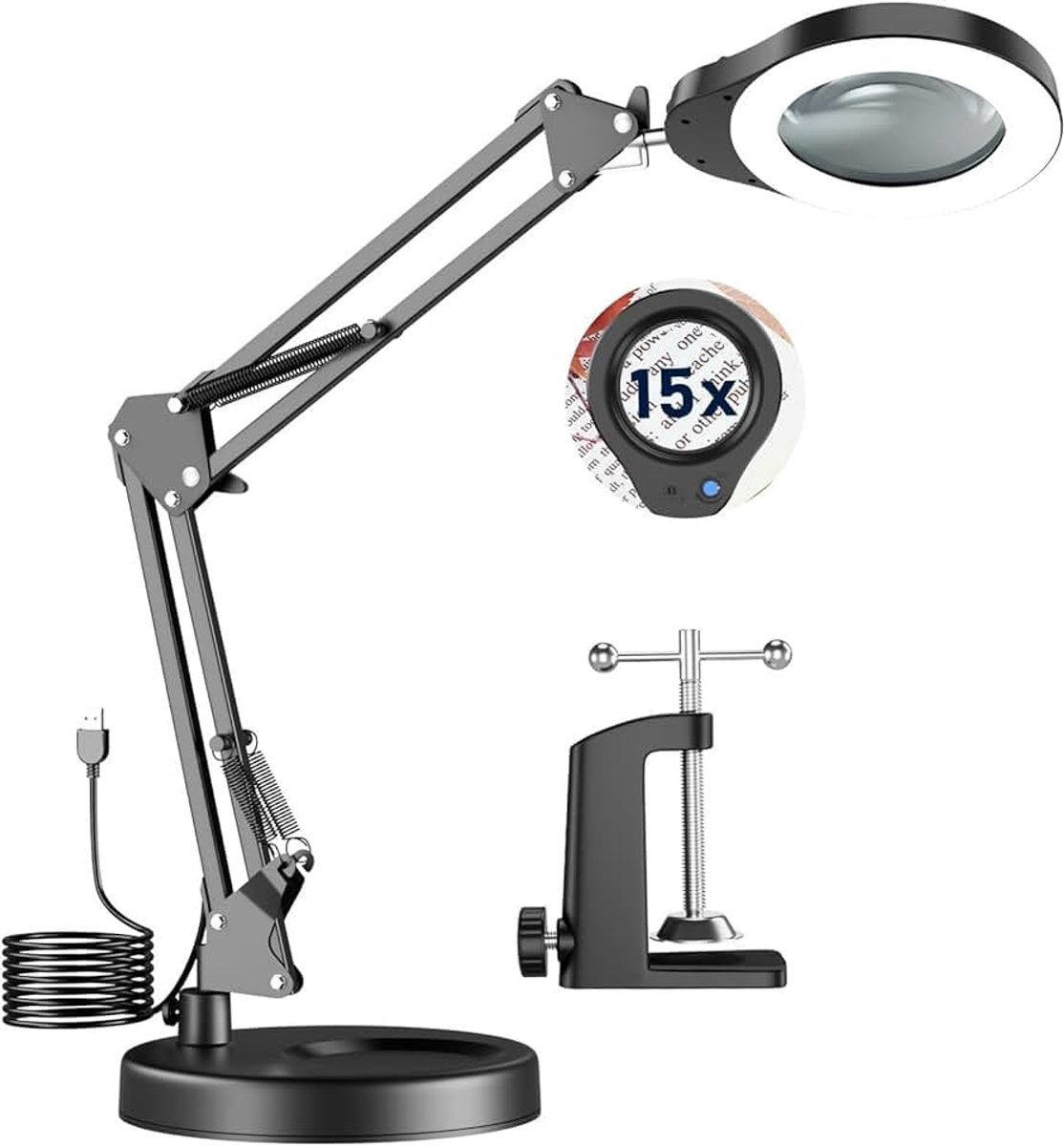 15-voudige loep met licht, led-vergrootlamp, 5 kleurmodi, traploos dimbaar, loeplamp met klem, verstelbare zwenkarm, vergrootglas voor handwerk, lezen en knutselen [15 W]