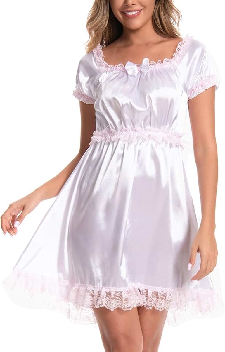 Sissy Satijnen Nachthemd Dienstmeisje Kant | Bijpassende Strik, Elastisch bij Halslijn en Taille, Wijde Klokrok, Zonder Rits, Maten S-XXL