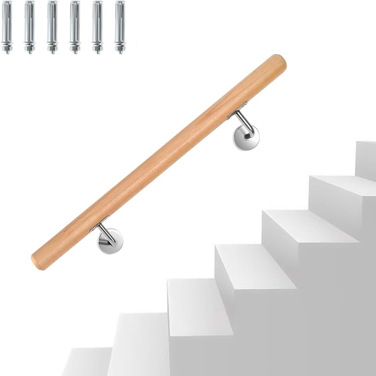Beukenhout, 80 cm Leunendeel Wandleuning Muur Trap met Wandbevestiging en Eindkappen, Antislip Houten Handgreep Trapleuning voor Trappen Balkon, Ronde 42 mm Ø