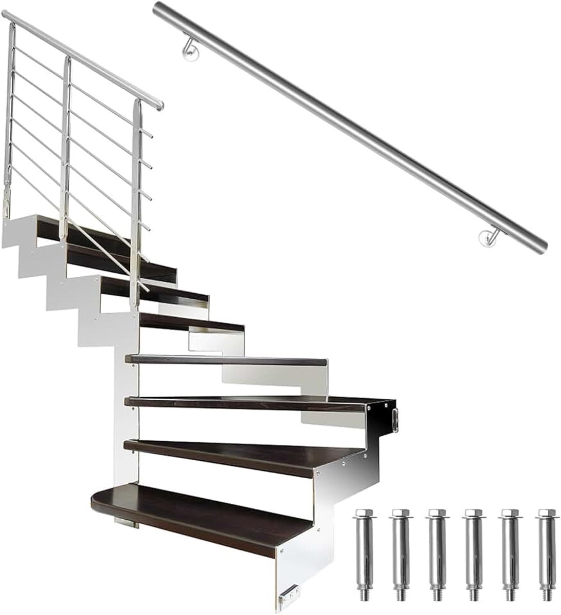 Roestvrij stalen trapleuning, 110 cm trapleuning, leuning, wandleuning binnen en buiten, incl. wandhouder en eindkappen, rond Ø42mm, wandleuning muurleuning